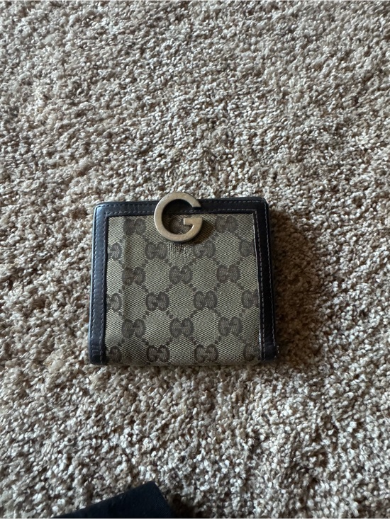 Gucci Accessories - Gucci Beige GG Canvas Compact Wallet with Brown Trim and Gold G